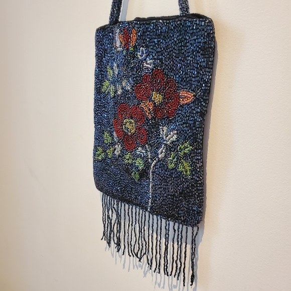 Beaded Purse Bag Floral Navy Blue Flowers Fringe - Picture 4 of 15